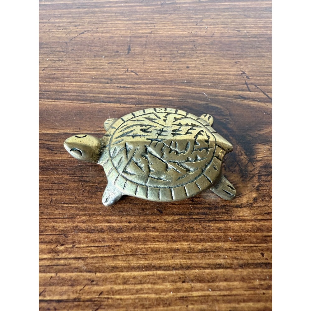 Vintage Solid Brass Turtle Figurine Etched Shell Tortoise Paperweight Taiwan 3"